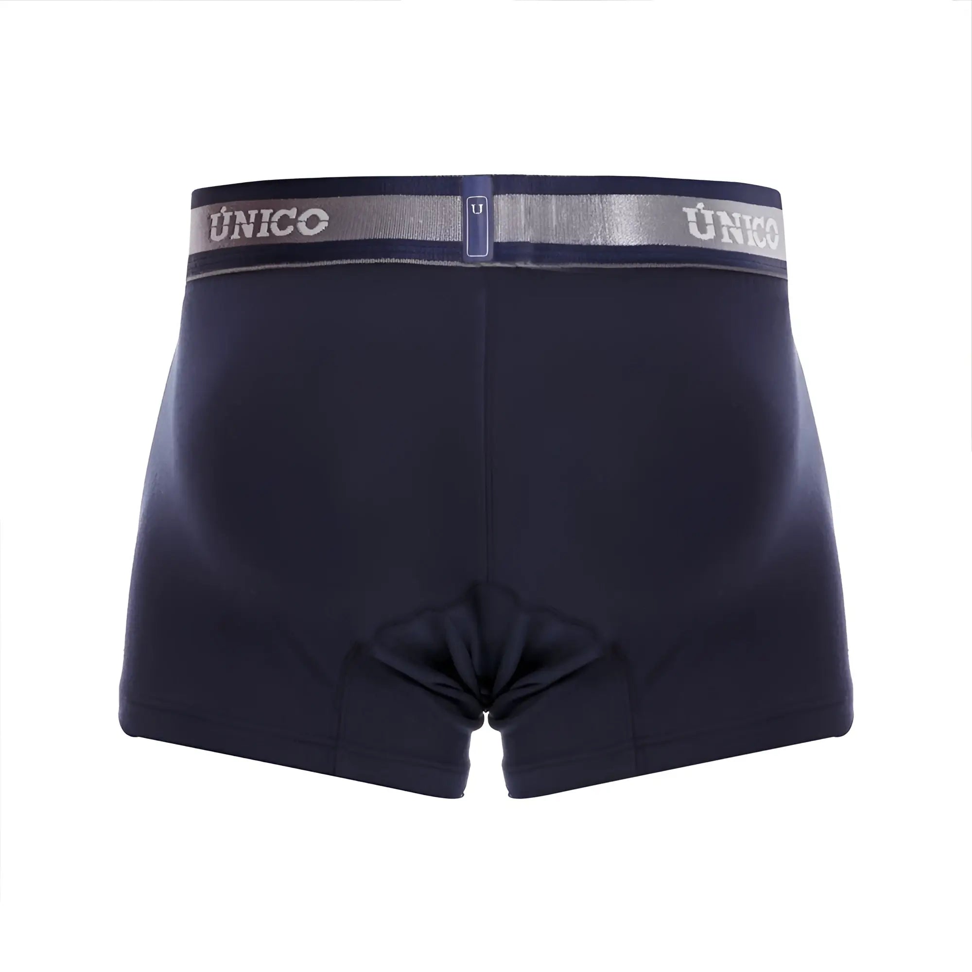 Dark navy blue unico boxer briefs with silver gray elastic waistband featuring the brand name cardenal a22 trunks