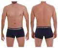 Navy blue unico 22120100110 cardenal trunks with silver gray elastic waistband featuring unico logo