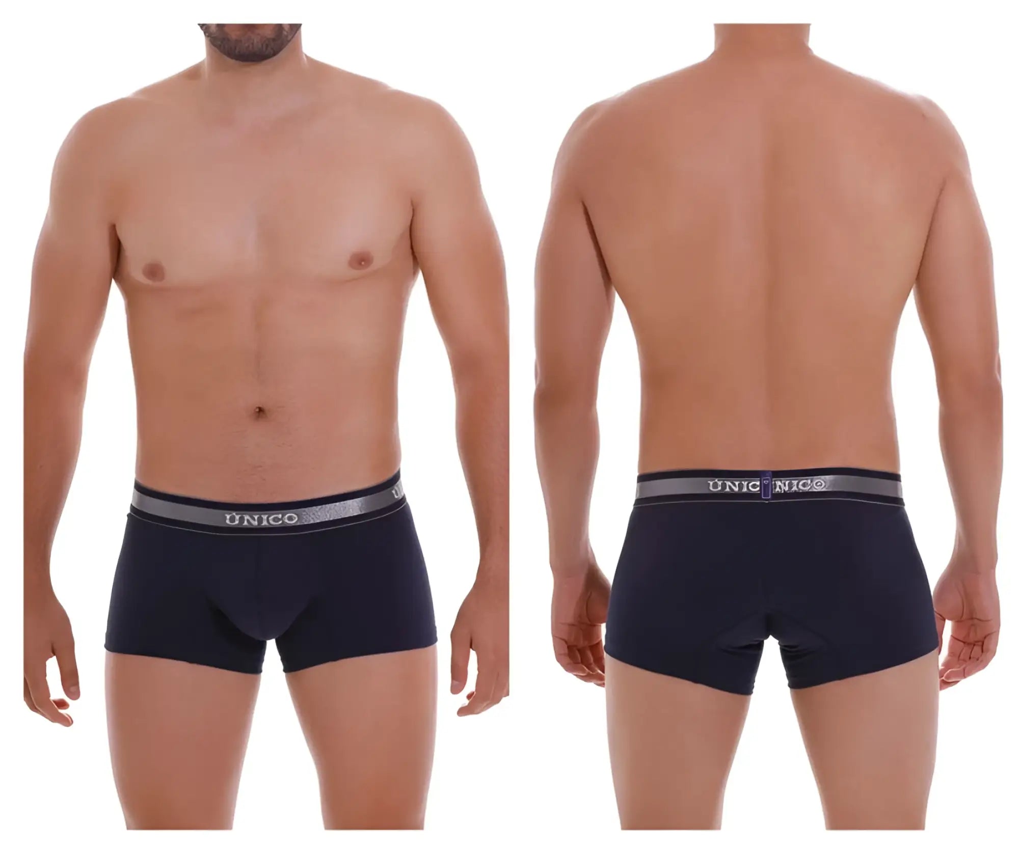 Navy blue unico 22120100110 cardenal trunks with silver gray elastic waistband featuring unico logo