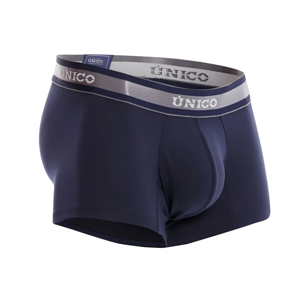 Navy blue Unico 22120100110 Cardenal A22 men’s briefs with gray and white elastic waistband featuring logo