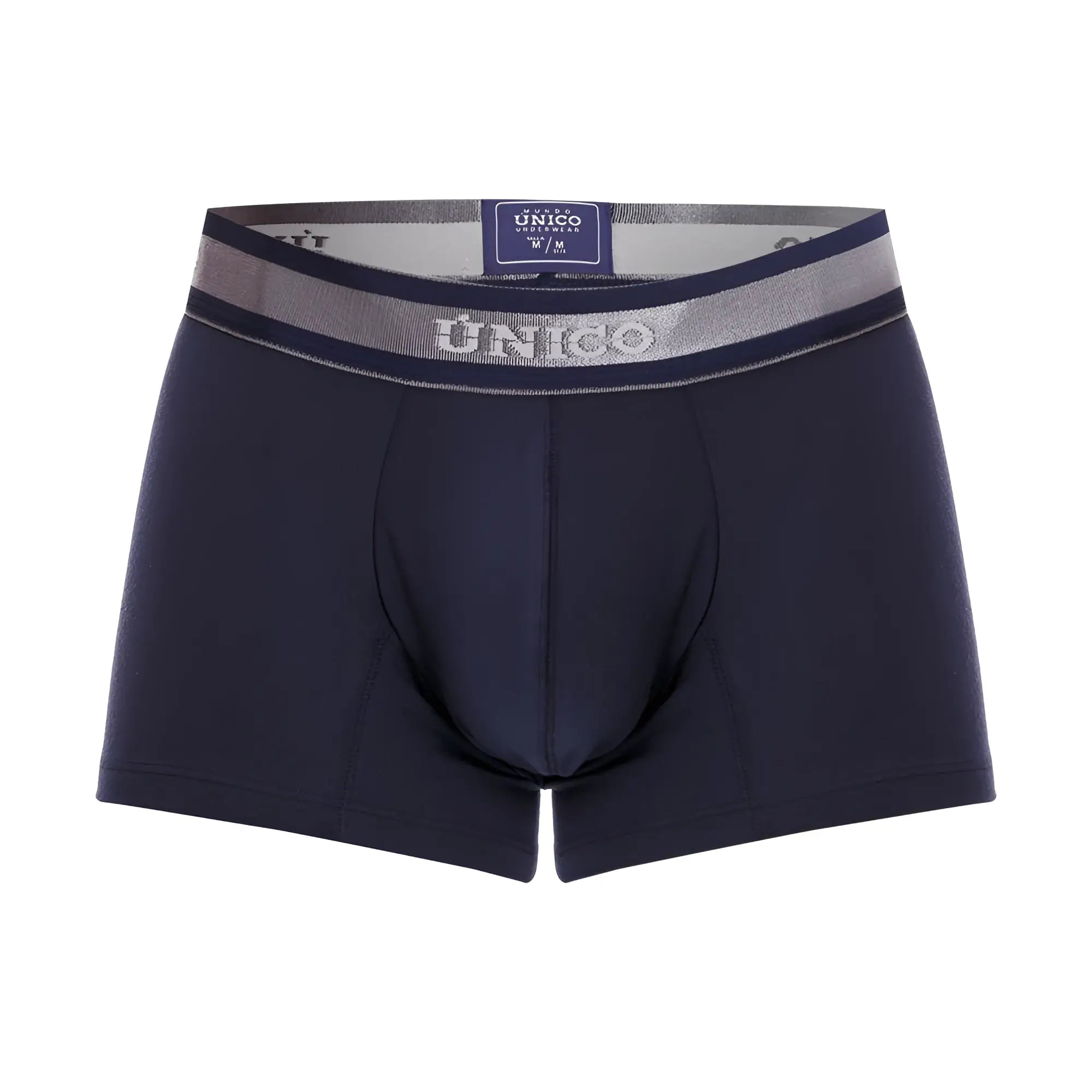 Dark navy unico men’s briefs with silver embossed waistband and branded label in unico 22120100110 cardenal a22 trunks