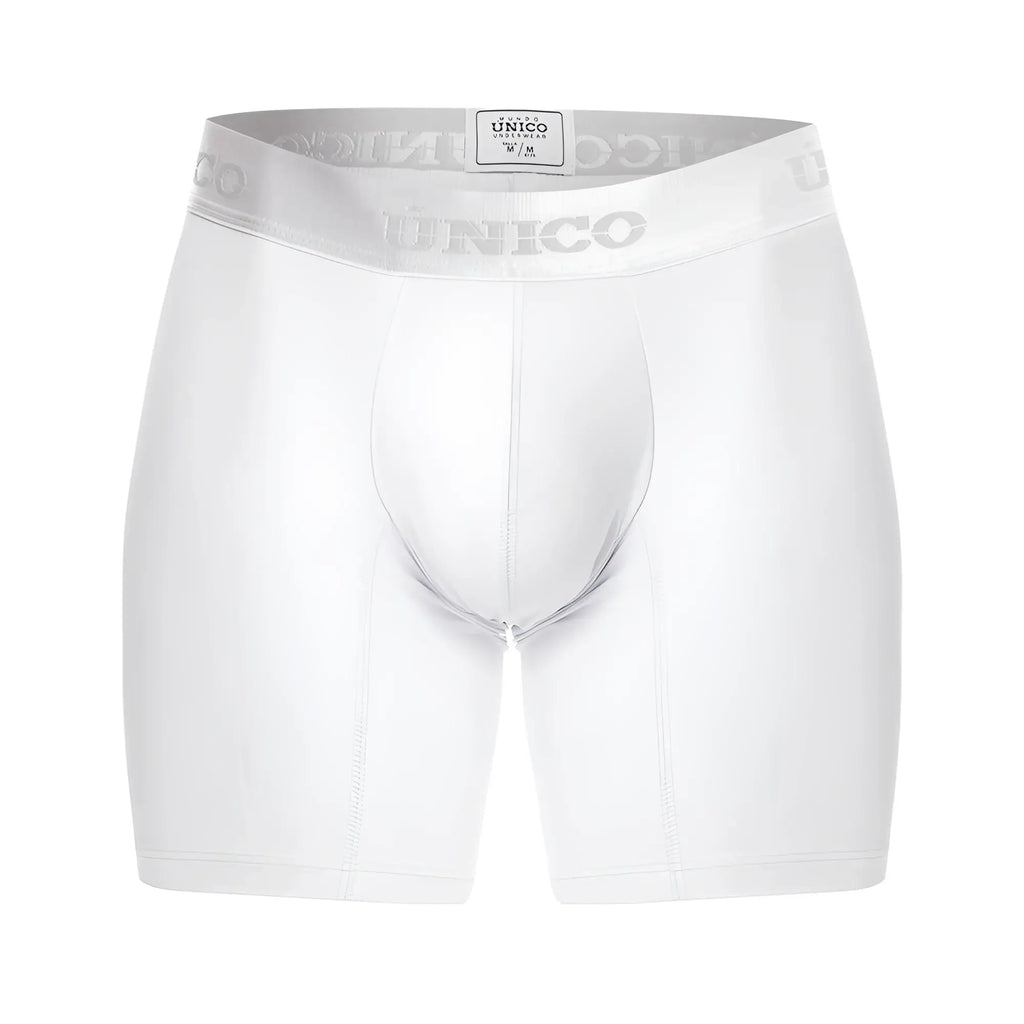 White unico men’s boxer briefs with silver branded waistband in cotton blend for comfortable everyday wear