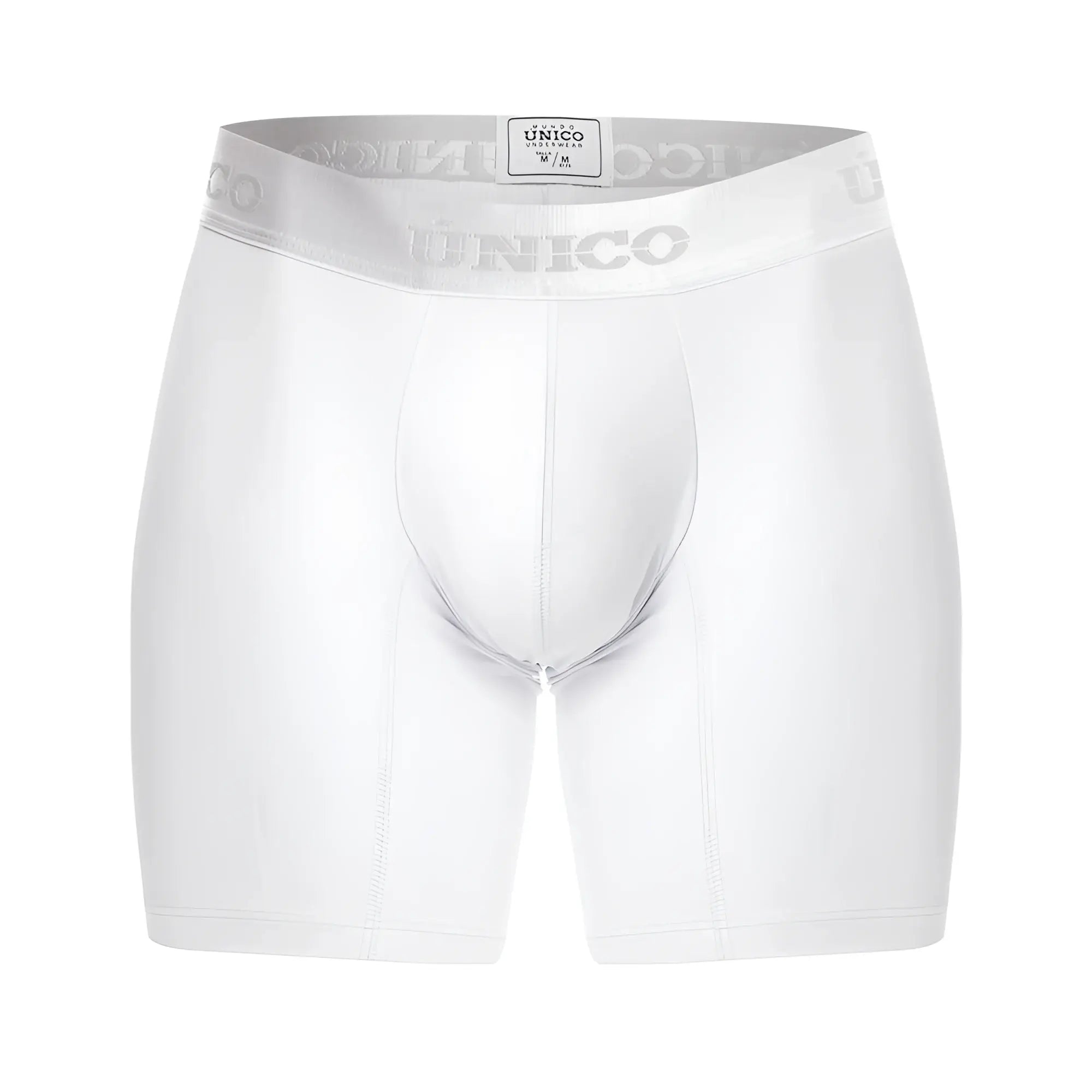 White unico men’s boxer briefs with silver branded waistband in cotton blend for comfortable everyday wear