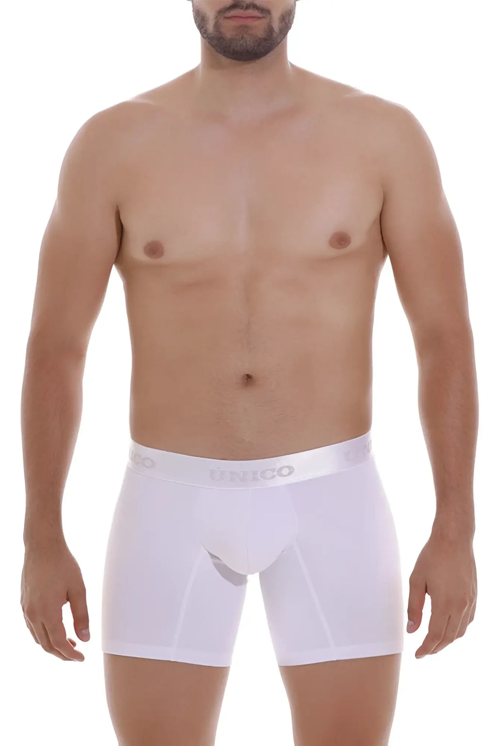 White unico men’s boxer briefs with subtle gray logo on waistband in model cristalino 22120100201 color white