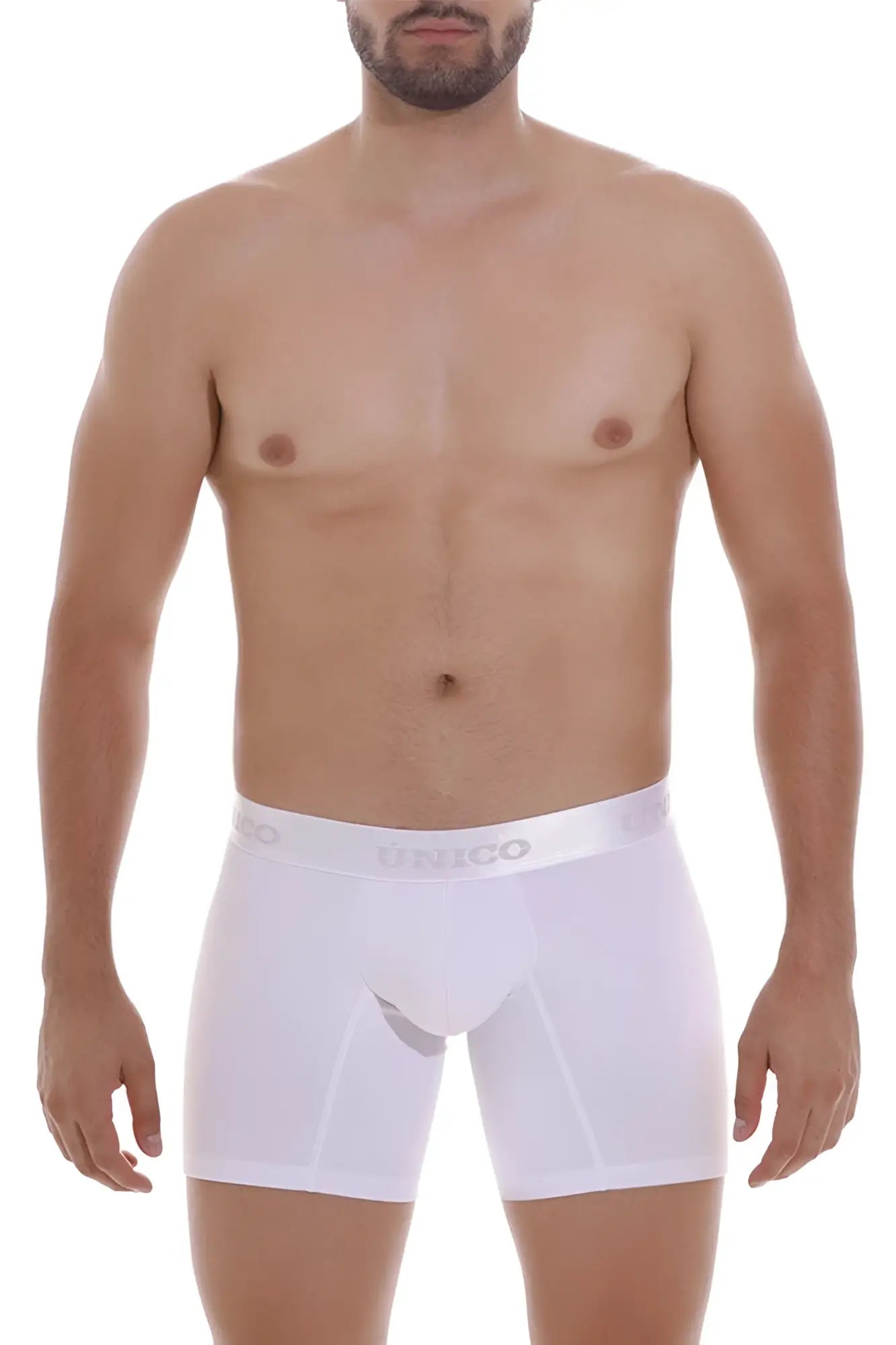 White unico men’s boxer briefs with subtle gray logo on waistband in model cristalino 22120100201 color white