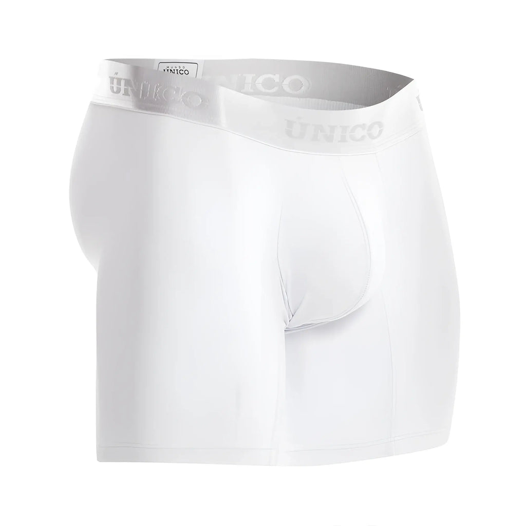 White unico men’s boxer briefs with subtle gray waistband featuring the brand name in color 00-white