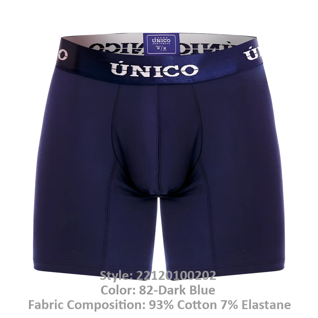 Dark blue unico men’s boxer briefs with navy waistband featuring brand name in white lettering modelo 22120100202
