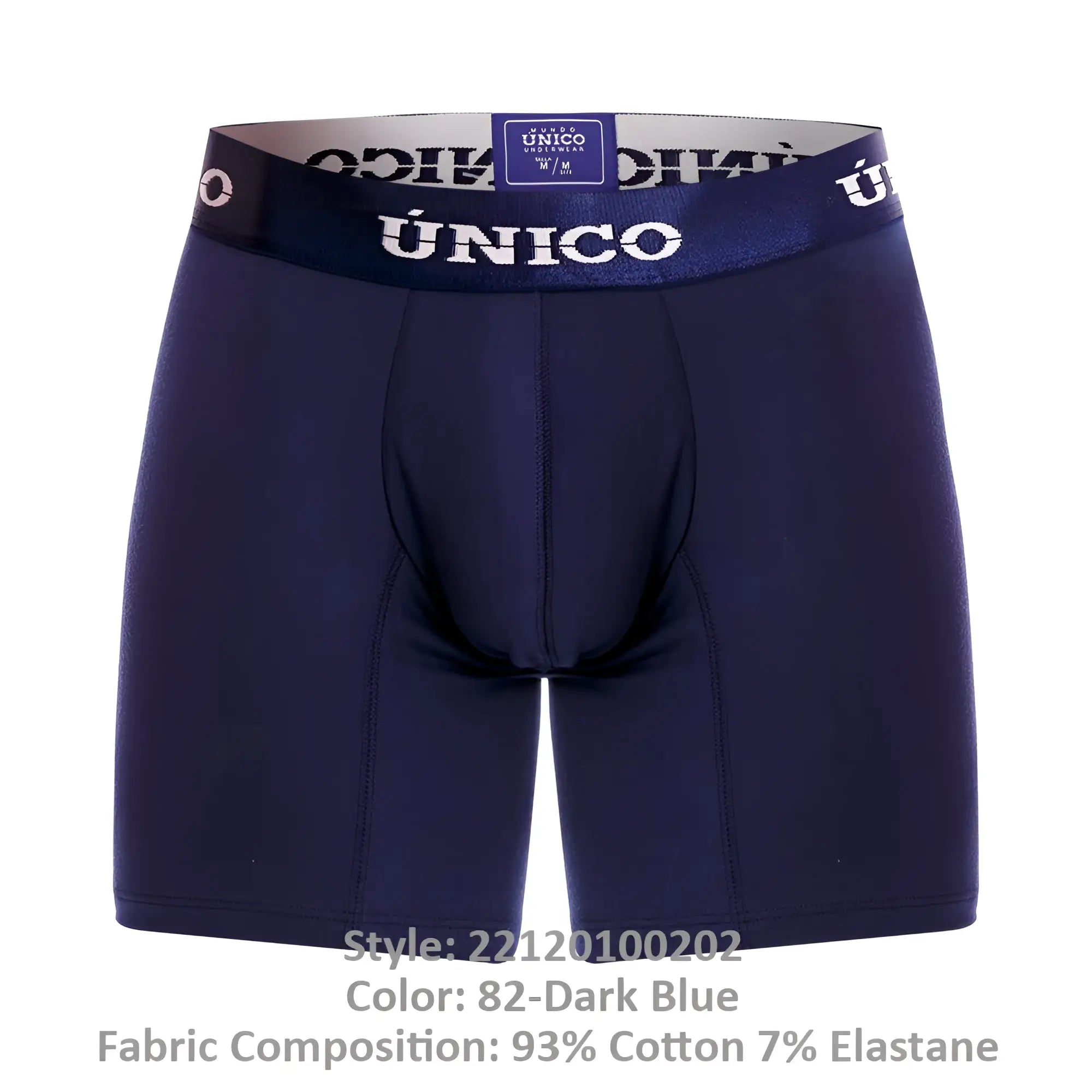 Dark blue unico men’s boxer briefs with navy waistband featuring brand name in white lettering modelo 22120100202