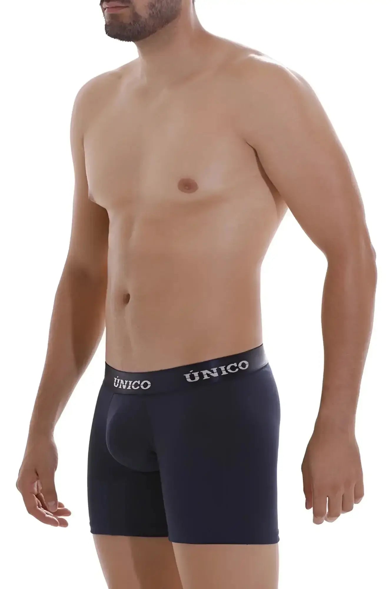 Dark navy blue unico brand boxer briefs with white logo band designed for comfort and support in everyday wear
