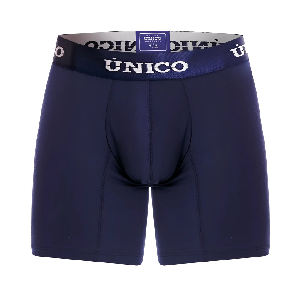 Dark navy blue único boxer briefs with matching elastic waistband featuring white brand name lettering