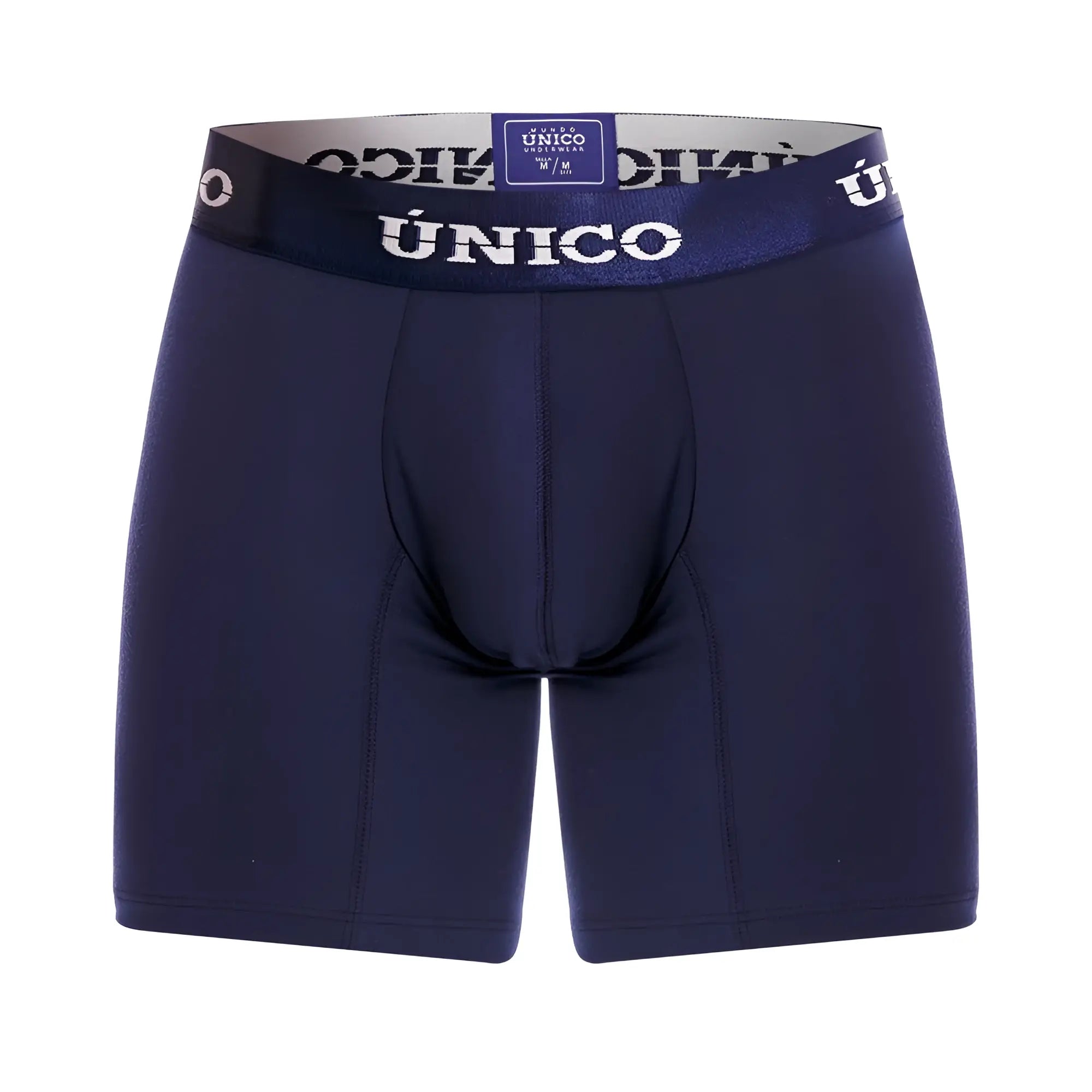 Dark navy blue único boxer briefs with matching elastic waistband featuring white brand name lettering
