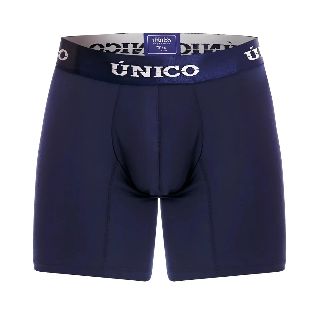 Dark navy blue único boxer briefs with matching elastic waistband featuring white brand name lettering