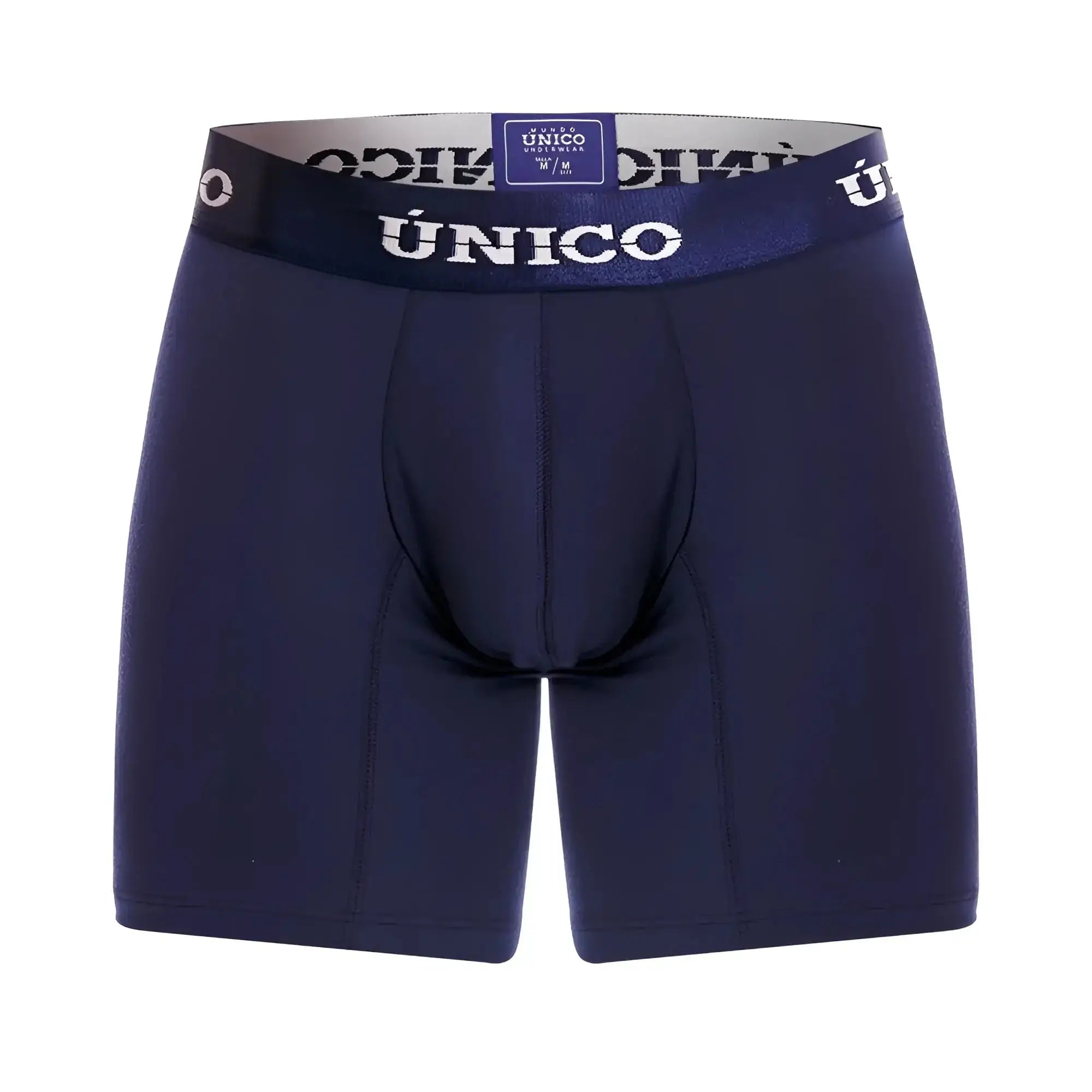 Dark navy blue único boxer briefs with matching elastic waistband featuring white brand name lettering
