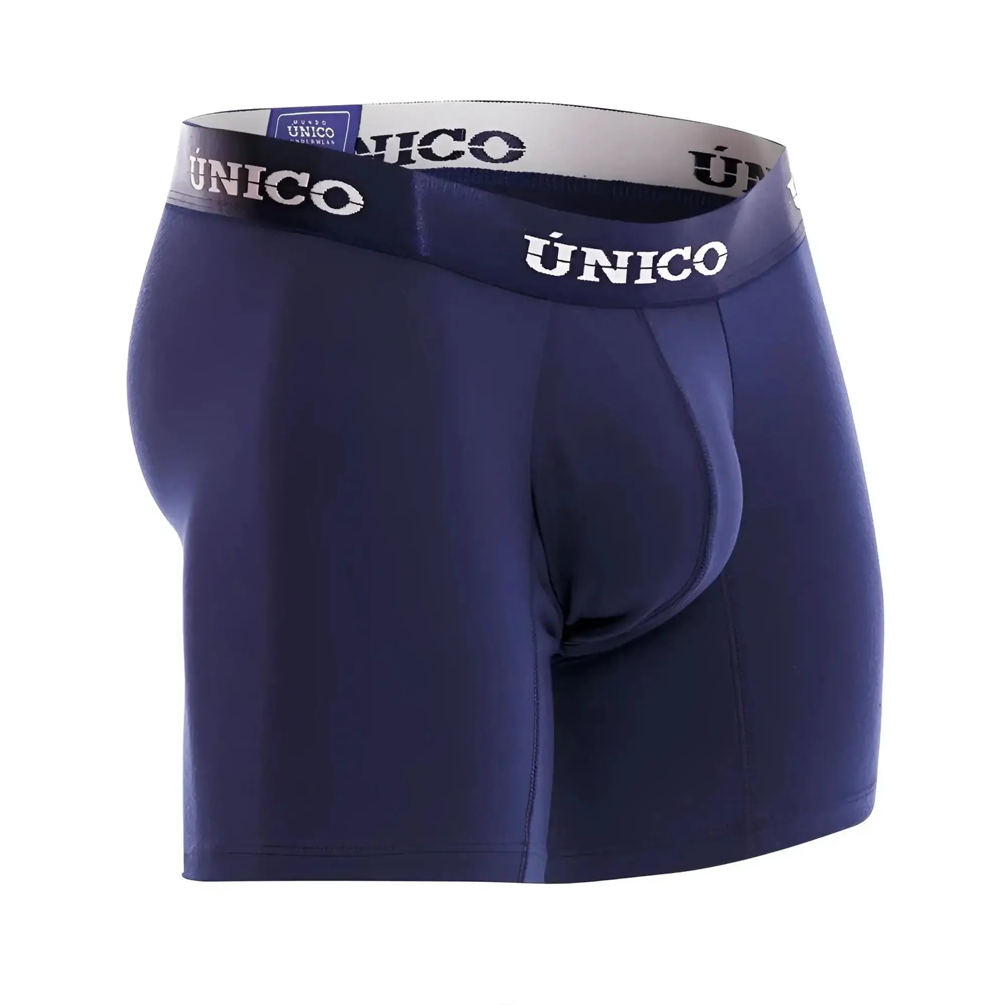 Navy blue unico 22120100202 profundo a22 boxer briefs with white and dark gray waistband featuring unico logo