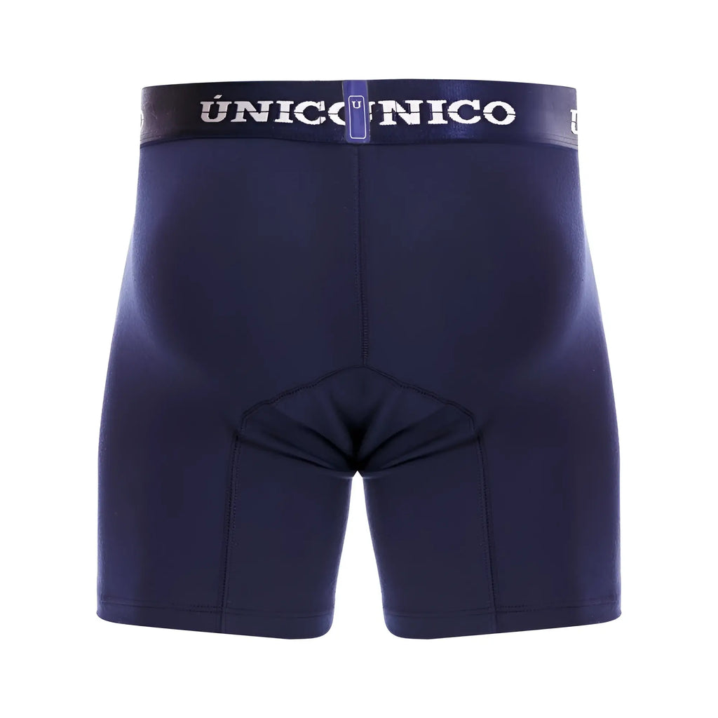 Dark navy blue unicorno boxer briefs with padded crotch and elastic waistband featuring white lettering