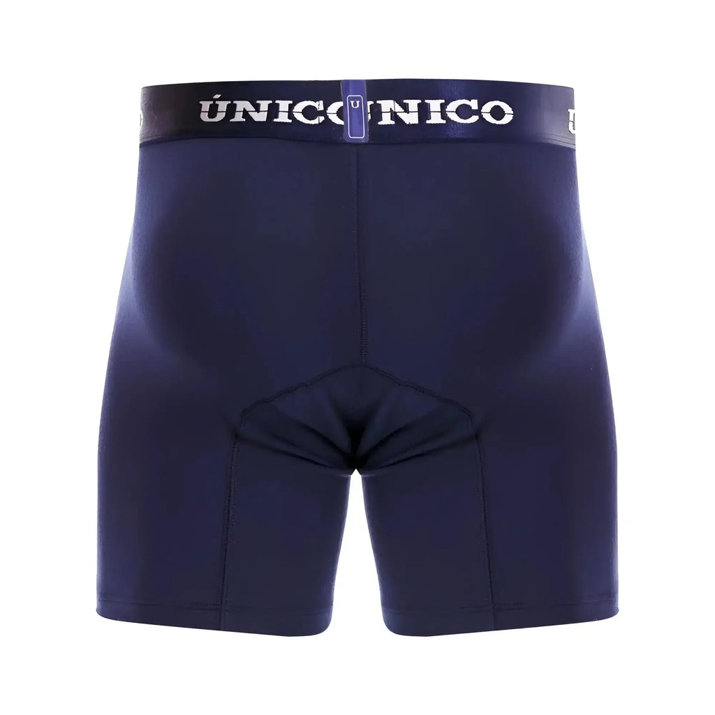 Dark navy blue unicorno boxer briefs with padded crotch and elastic waistband featuring white lettering