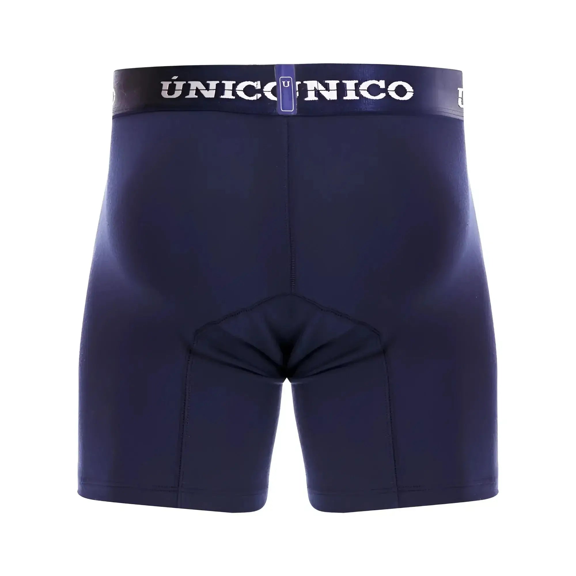 Dark navy blue unicorno boxer briefs with padded crotch and elastic waistband featuring white lettering
