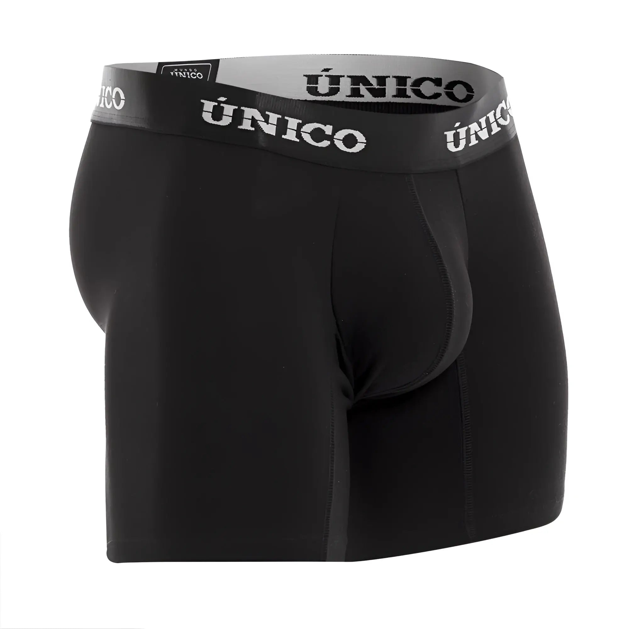 Black único men’s boxer briefs with gray waistband featuring blanco lettering for comfortable daily wear