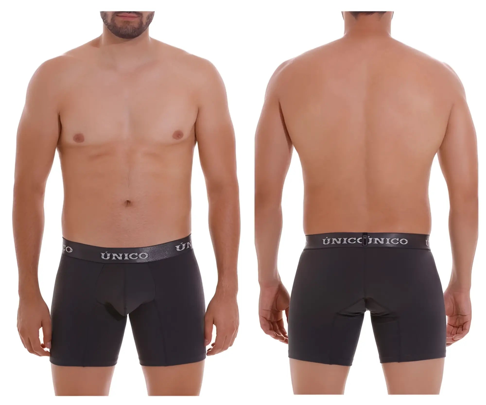 Black unico boxer briefs in dark gray with gray elastic waistband featuring unico logo in white lettering