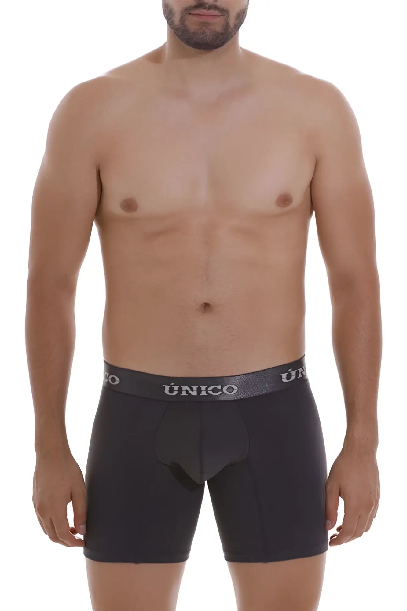 Black unico men’s boxer briefs with gray elastic waistband featuring unico logo in dark gray color