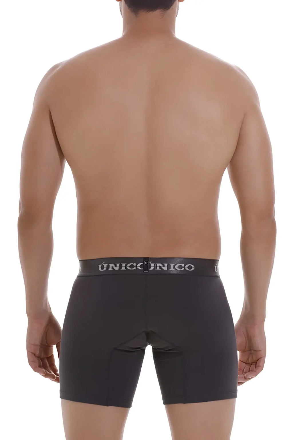 Black unico boxer briefs in dark gray with a white logo waistband designed for comfort and support