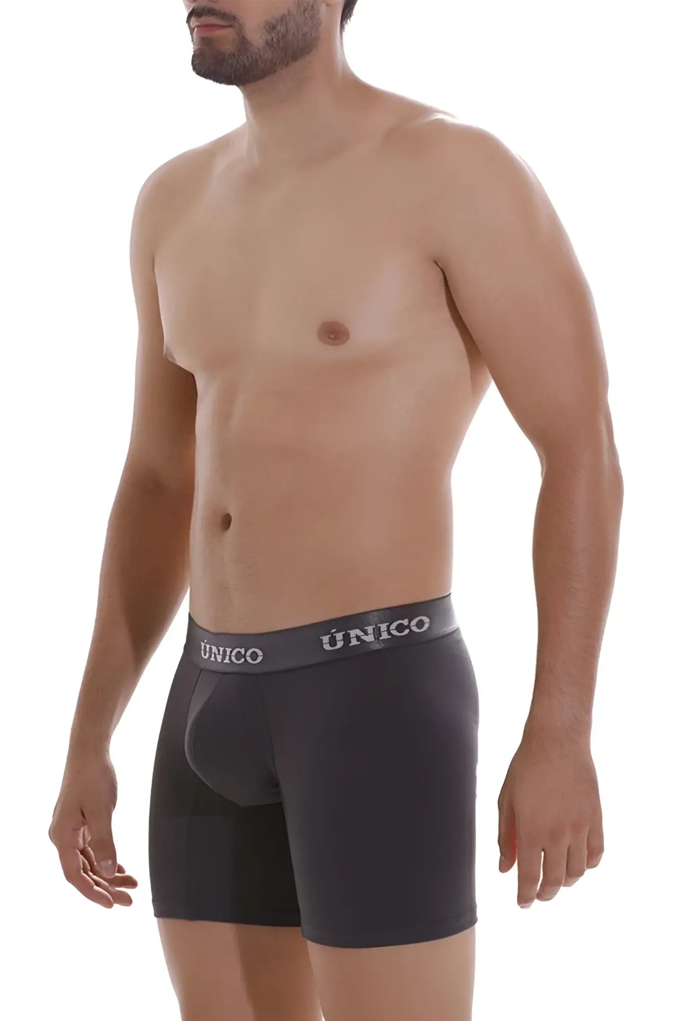 Black unico men’s boxer briefs in dark gray with a gray waistband featuring the brand name in white lettering
