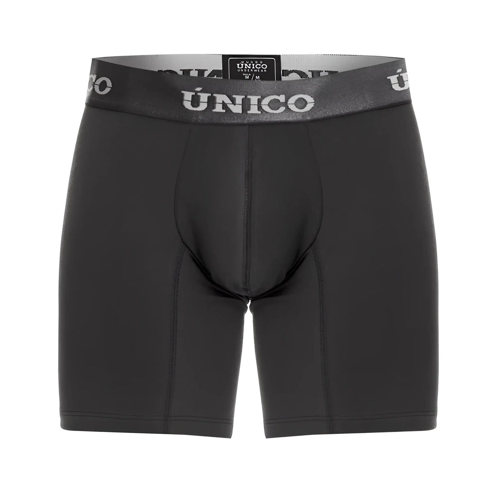 Black único men’s boxer briefs with gray waistband and white brand name lettering color 96 dark gray