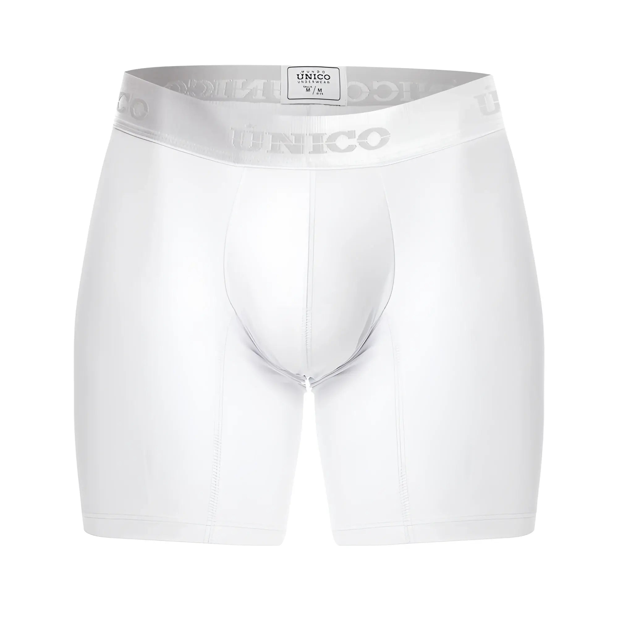 White unico cristallino m22 men’s boxer briefs with silver waistband featuring brand name in white color