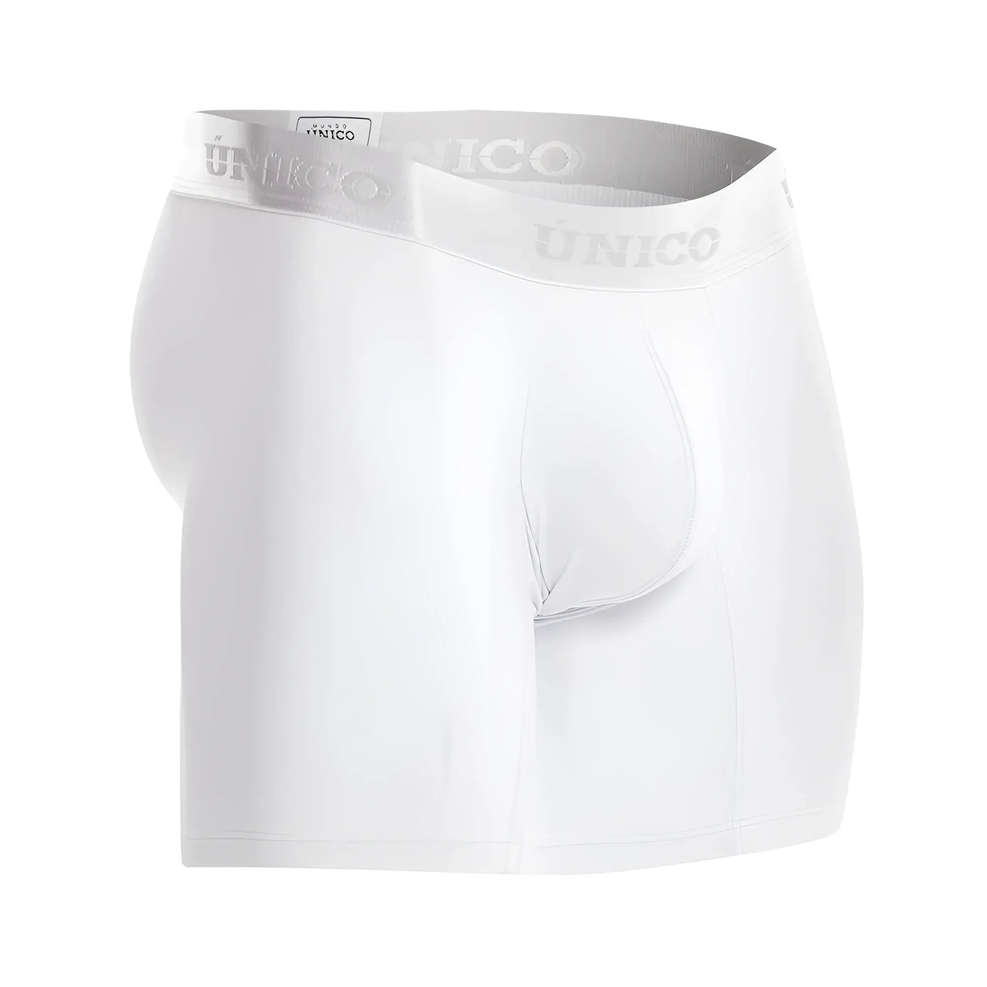 White unico men’s boxer briefs with subtle gray waistband featuring brand name designed for comfortable wear