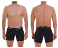 Black unico men’s boxer briefs with snug fit and elastic waistband featuring unico logo in white lettering color 99-black