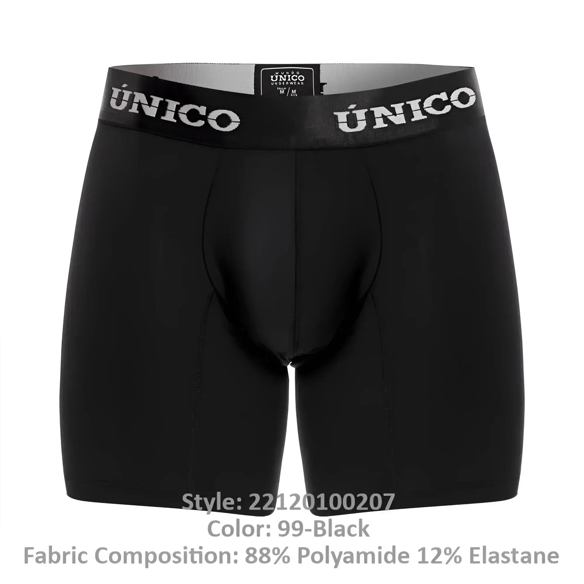 Black unico 22120100207 intenso m22 boxer briefs with snug stretchy waistband and white brand lettering in black