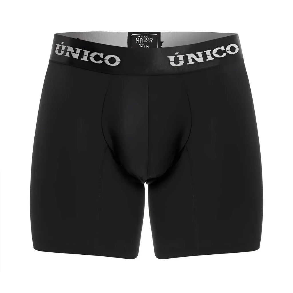 Black unico men’s boxer briefs with gray waistband featuring white brand name suitable for everyday wear