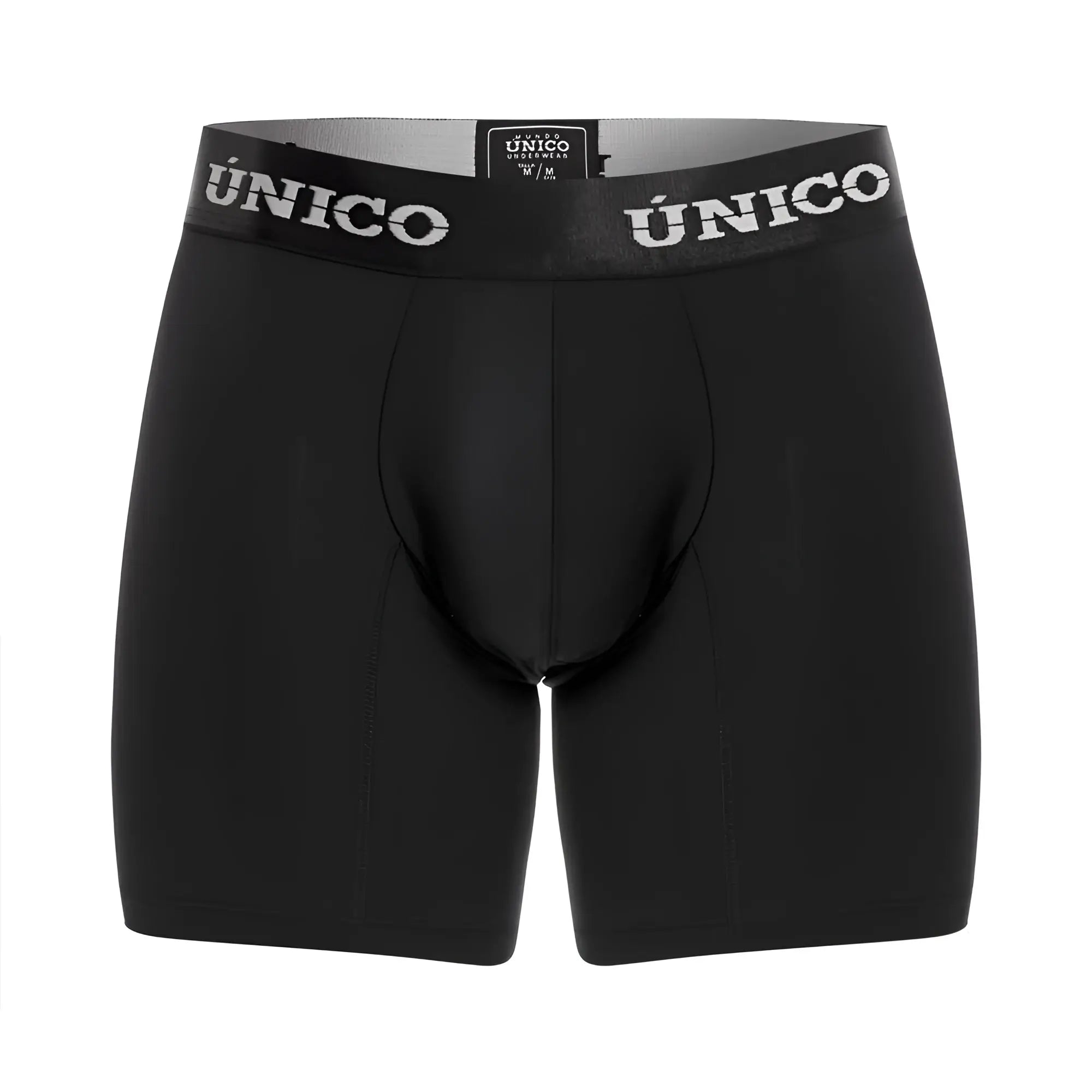 Black unico men’s boxer briefs with gray waistband featuring white brand name suitable for everyday wear