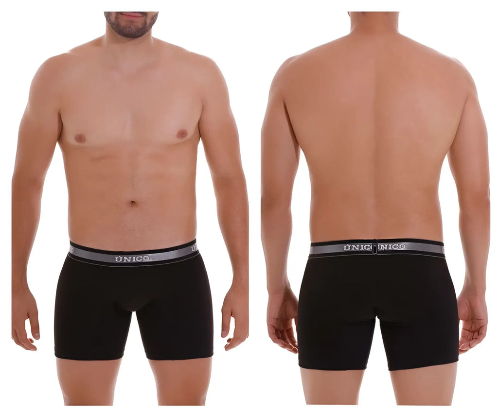 Black unico men’s boxer briefs with gray elastic waistband featuring unico logo in white lettering color 99-black