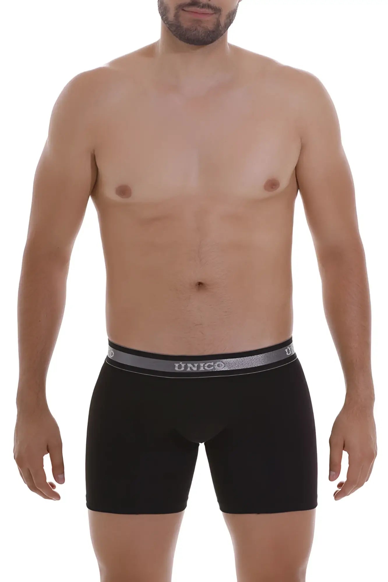 Black unico boxer briefs with a gray elastic waistband featuring the brand name in white lettering color 99-black