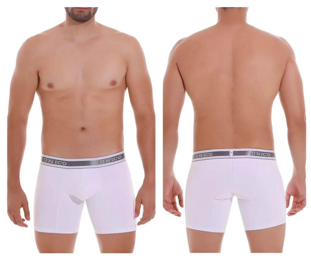 White unico lustre m22 boxer briefs with gray elastic waistband featuring unico logo in color 00-white