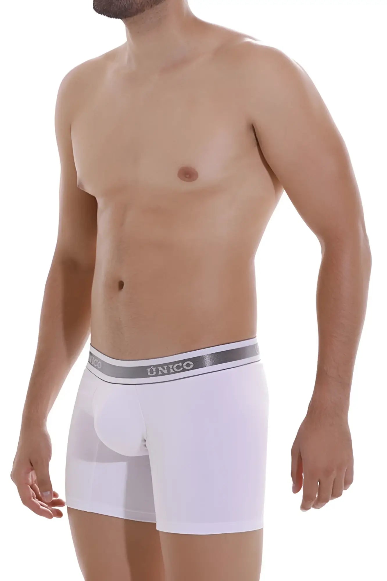 White unico lustre m22 boxer briefs with gray elastic waistband featuring black unico brand lettering