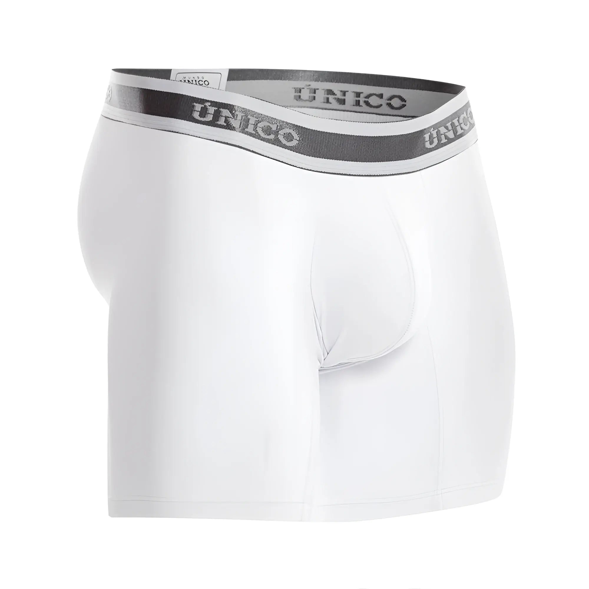 White unico men’s boxer briefs with gray and white striped elastic waistband featuring the brand name