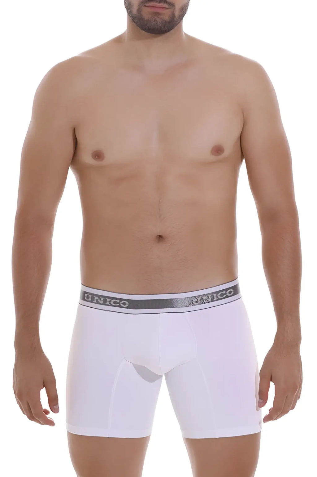 White unico men’s boxer briefs with gray elastic waistband and black unico logo in lustre fabric color white