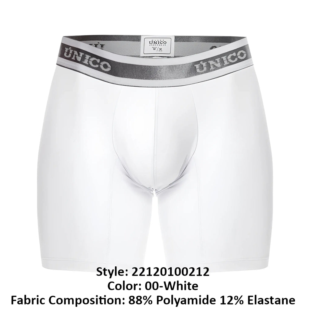 White unico men’s boxer briefs with gray and white elastic waistband featuring the Unico brand name color 00-white