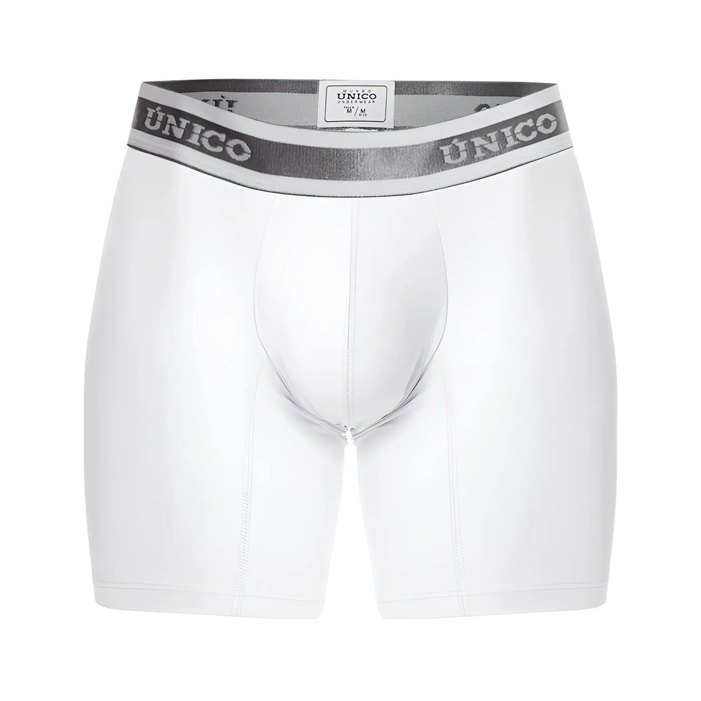 White unico mens boxer briefs with gray elastic waistband featuring bold brand name in lustre m22 fabric