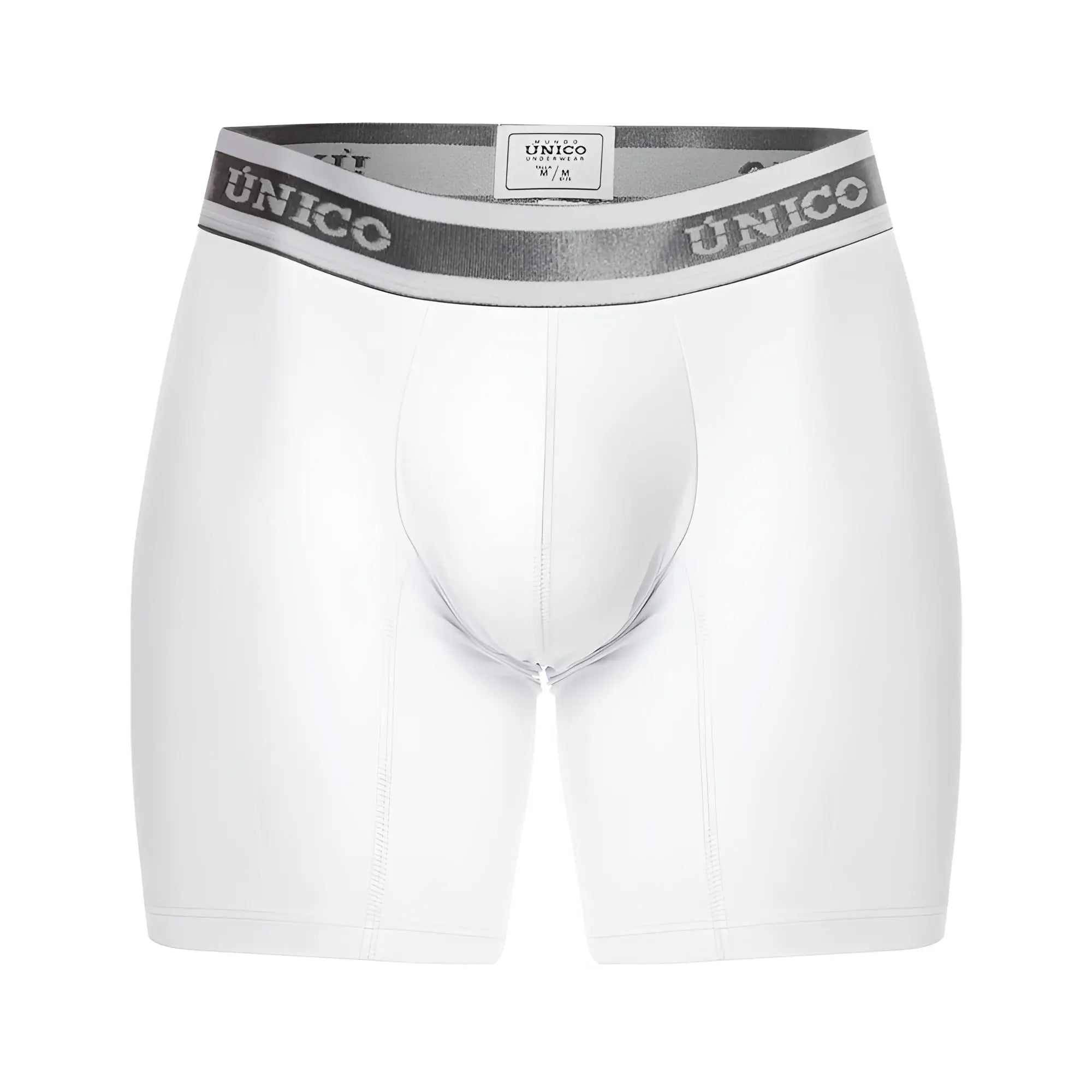 White unico mens boxer briefs with gray elastic waistband featuring bold brand name in lustre m22 fabric
