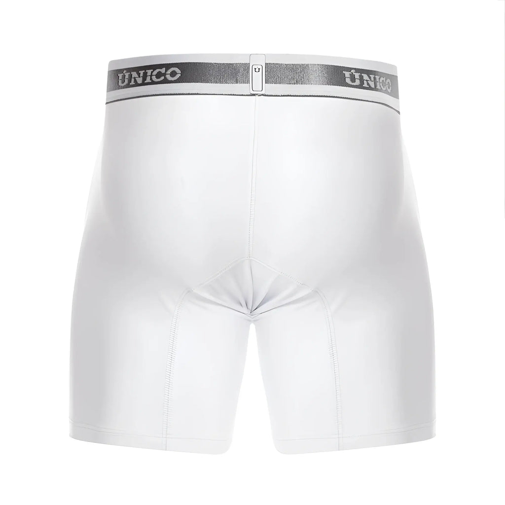 White unico lustre boxer briefs with silver elastic waistband featuring the brand logo in color 00-white