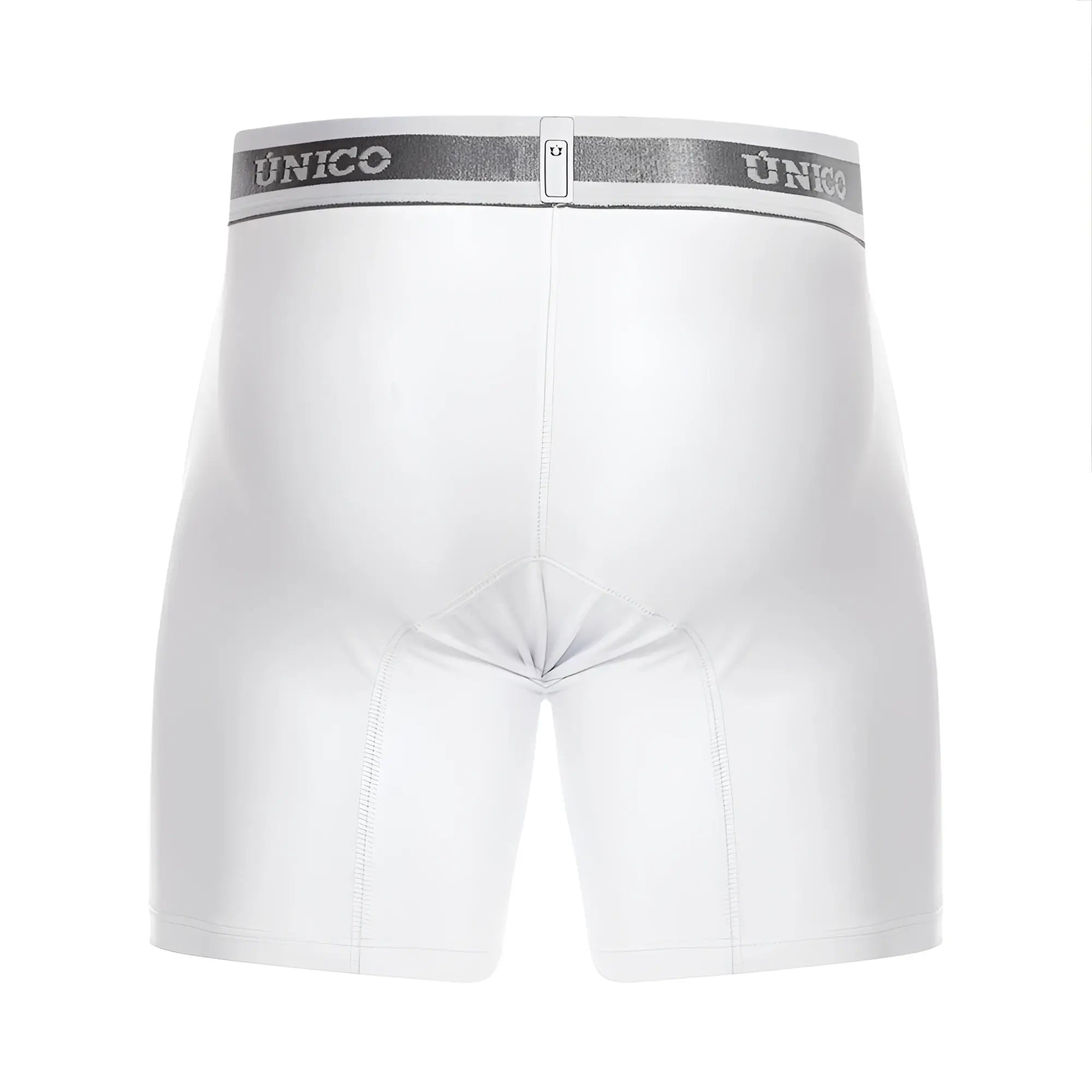 White unico lustre boxer briefs with silver elastic waistband featuring the brand logo in color 00-white