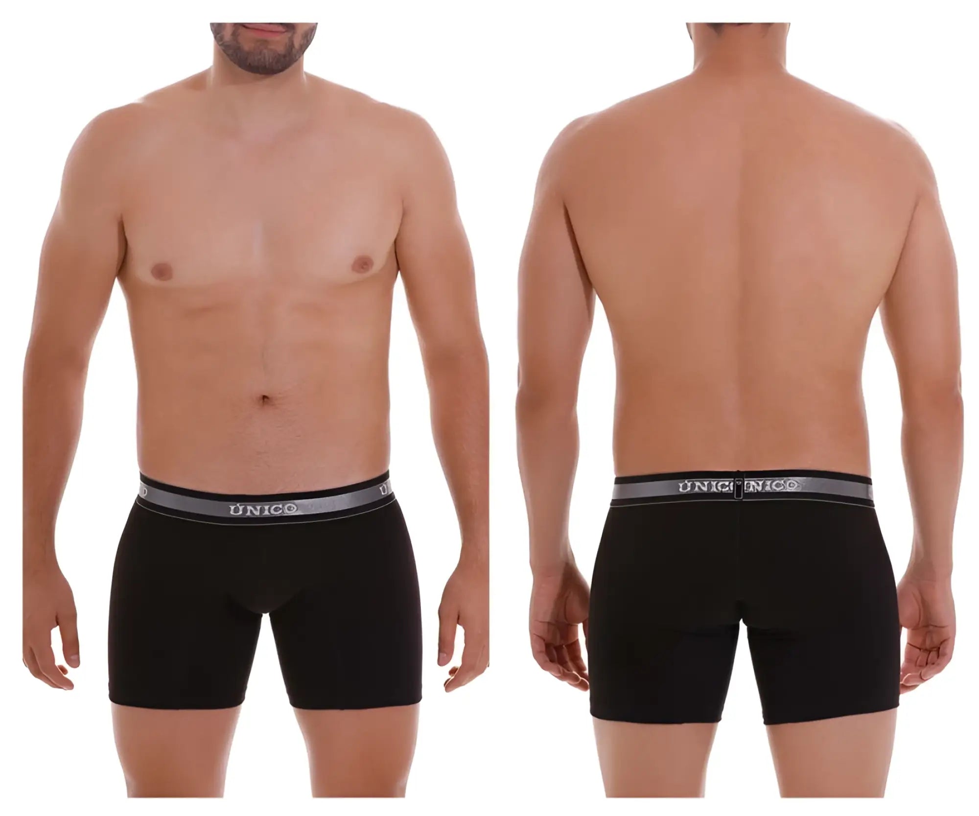 Black unico men’s boxer briefs with gray unico elastic waistband in breathable fabric for everyday comfort