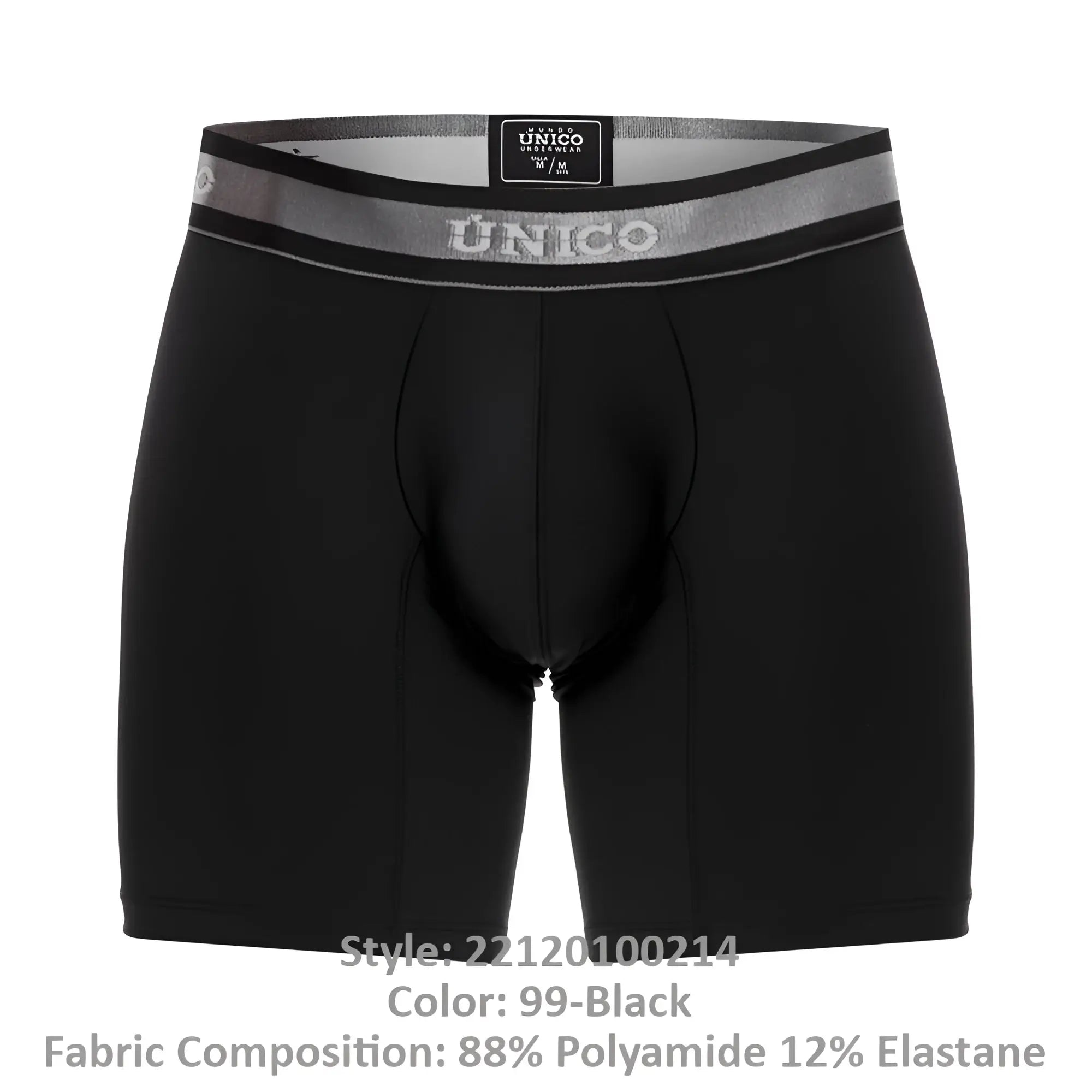 Black unico men’s boxer briefs with gray elastic waistband featuring brand logo and size label color 99 black