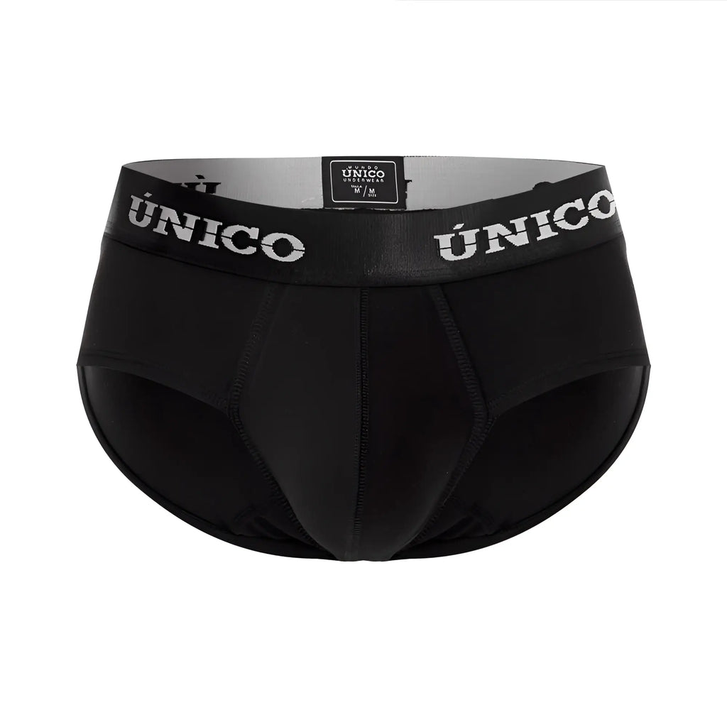 Black unico mens briefs with white unico branding on waistband in intenso a22 style color 99 black front view
