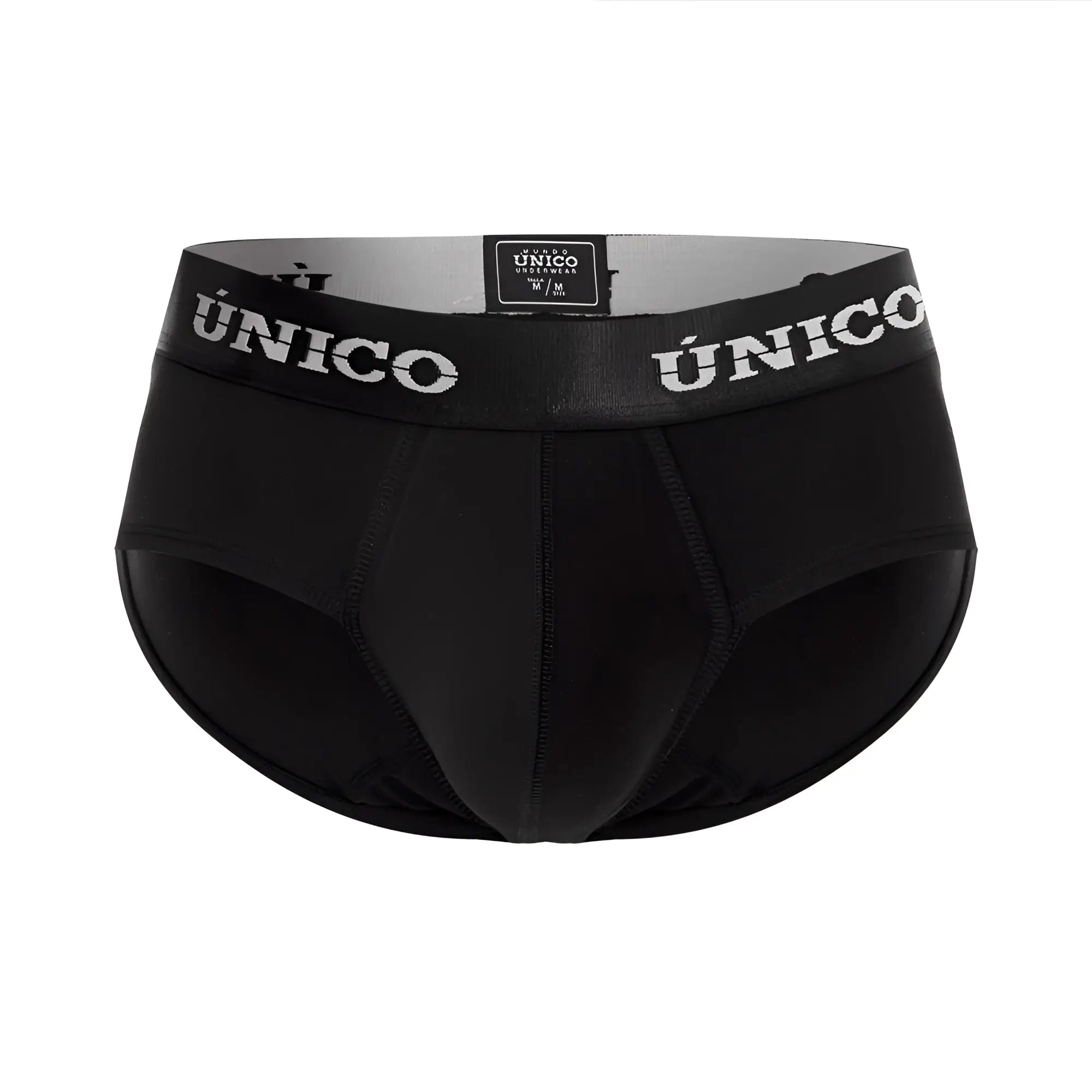 Black unico mens briefs with white unico branding on waistband in intenso a22 style color 99 black front view