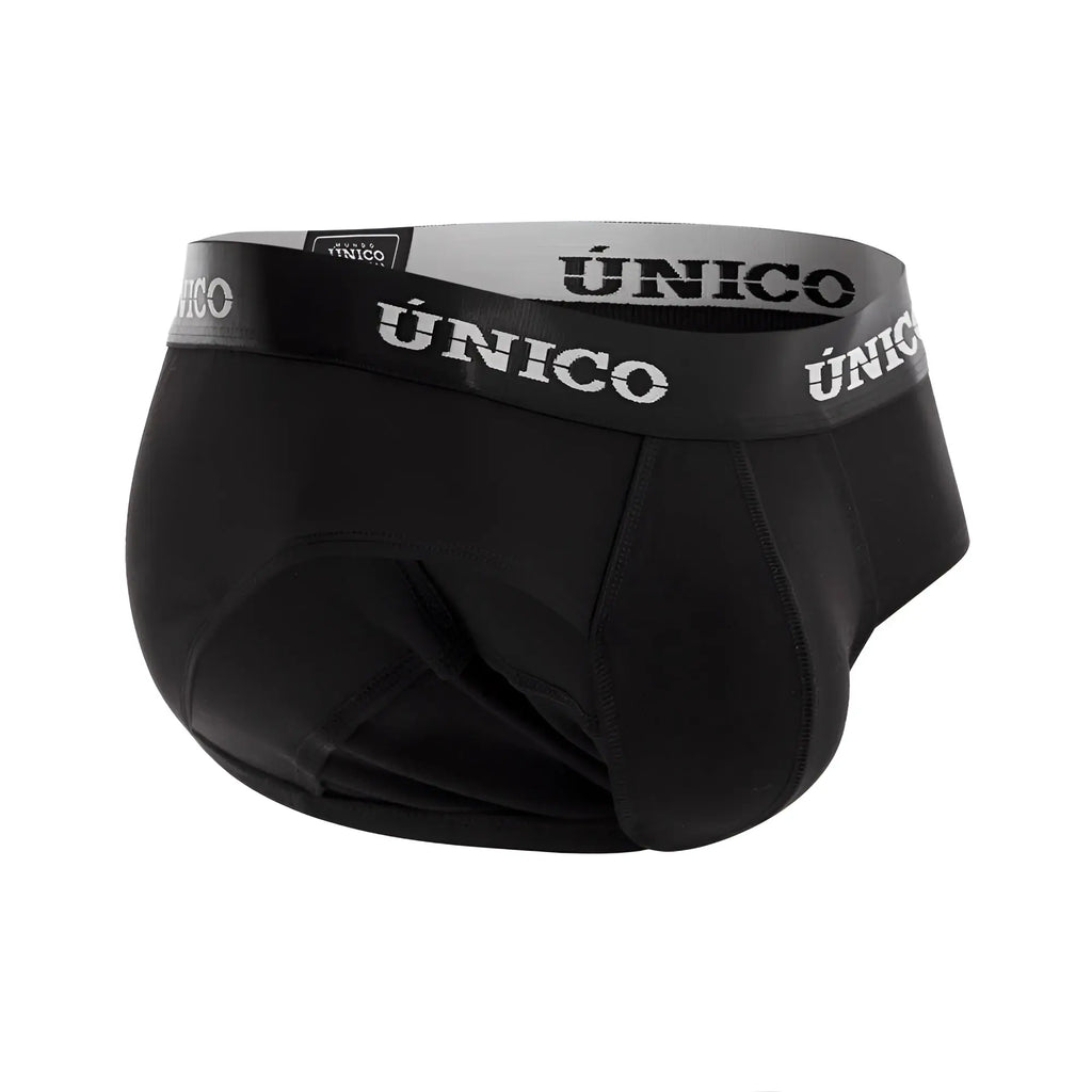 Black único men’s briefs with a gray waistband featuring the brand name in white lettering model intenso a22 color 99-black