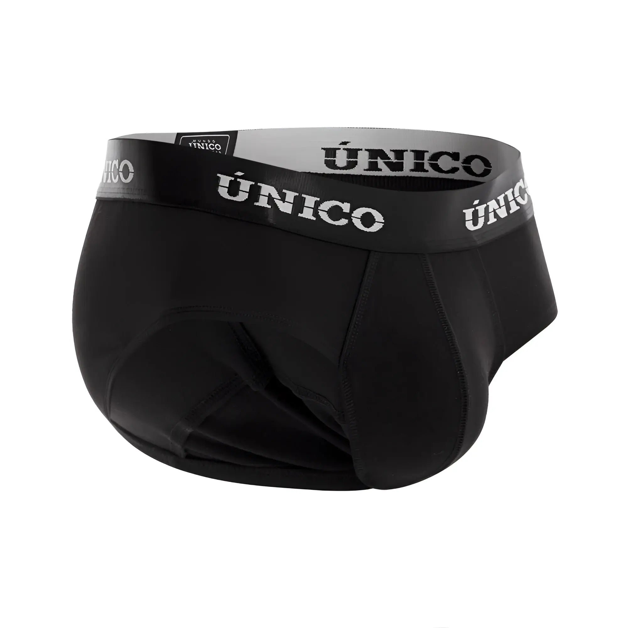 Black único men’s briefs with a gray waistband featuring the brand name in white lettering model intenso a22 color 99-black